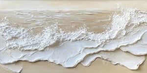 A horizontal hand-painted oil painting featuring 3D textured white ocean waves with thick impasto foam against a light beige sandy background in a minimalist Wabi-Sabi style.