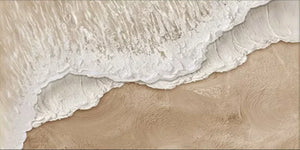 A horizontal 3D textured oil painting featuring creamy beige and white waves with thick impasto brushstrokes and sandy swirl patterns in a modern Wabi-Sabi style.