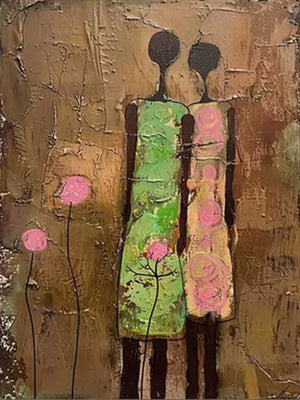 A vertical hand-painted oil painting featuring two abstract elongated figures in green and patterned dresses against a heavily textured, distressed brown and gold background.