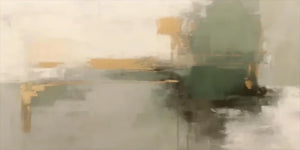A large horizontal hand-painted abstract oil painting featuring blocks of sage green, mustard gold, and soft gray colors with subtle textures on a canvas, styled in a modern minimalist living room.