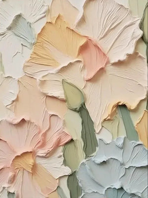 A close-up of a hand-painted floral oil painting with thick 3D impasto textures, showing sculpted petals in soft peach, muted green, and pale blue Morandi tones.