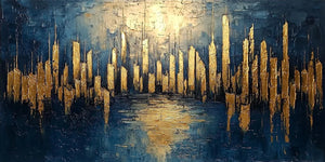 A horizontal hand-painted abstract oil painting showing a shimmering golden city skyline with 3D texture against a deep midnight blue background, reflecting in water.