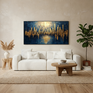 Golden City Skyline Abstract Art | Modern Blue & Gold Wall Decor #SS043