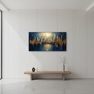 Golden City Skyline Abstract Art | Modern Blue & Gold Wall Decor #SS043