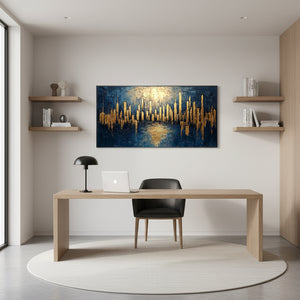 Golden City Skyline Abstract Art | Modern Blue & Gold Wall Decor #SS043