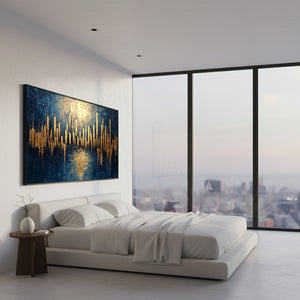 Golden City Skyline Abstract Art | Modern Blue & Gold Wall Decor #SS043