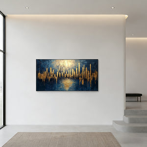 Golden City Skyline Abstract Art | Modern Blue & Gold Wall Decor #SS043