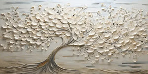 A horizontal hand-painted 3D textured oil painting of a white tree with thick, leaf-like impasto petals creating a sculptural relief effect on a neutral gray and cream background.