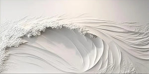 A horizontal 100% hand-painted 3D relief oil painting of a crashing sea wave in pure white, featuring thick impasto textures and flowing sculptural lines on a canvas.