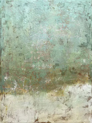 A vertical hand-painted abstract oil painting with heavy distressed and peeling textures in sage green, muted teal, and aged ivory, creating a weathered Wabi Sabi aesthetic.