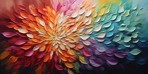 A large horizontal hand-painted abstract oil painting featuring a 3D textured floral explosion with thick impasto petals in vibrant rainbow colors like red, orange, teal, and purple.