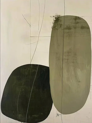 A vertical hand-painted minimalist oil painting featuring two large organic pebble-like shapes in sage and dark green with thin black vertical lines on a cream textured background.