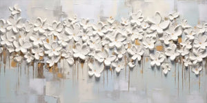 A horizontal hand-painted 3D abstract oil painting in white and grey tones, featuring heavy impasto textures and subtle abstract floral patterns with rhythmic horizontal strokes.