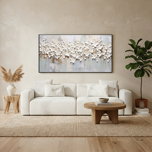 Textured 3D White Flower Painting | Original Grey Abstract Oil Art #SS048