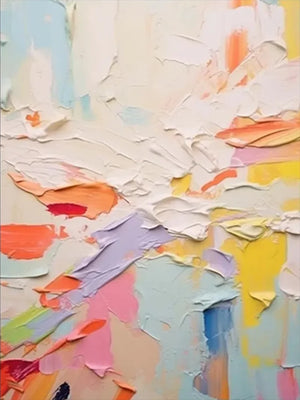 A vertical hand-painted abstract oil painting with thick, sculptural impasto textures in pastel colors like lavender, yellow, orange, and mint green on a cream background.