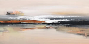 Large horizontal hand-painted abstract oil painting featuring textured layers of beige, black, and burnt orange, styled in a modern minimalist living room above a wooden table.
