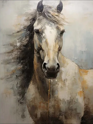 A vertical hand-painted realistic oil painting of a white stallion's head and neck with a flowing dark mane and expressive eyes against a neutral, textured background.
