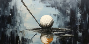 Large hand-painted abstract oil painting of a golf ball and club with thick 3D impasto textures, hanging in a modern luxury living room with neutral tones.