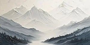 Close-up of a hand-painted 3D textured oil painting featuring white and grey mountain peaks in a minimalist Wabi-Sabi living room setting.