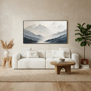 Hand-Painted 3D Textured Mountain Oil Painting | Blue & White Art #SS051