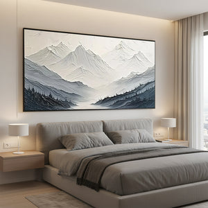 Hand-Painted 3D Textured Mountain Oil Painting | Blue & White Art #SS051