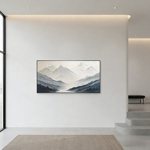 Hand-Painted 3D Textured Mountain Oil Painting | Blue & White Art #SS051