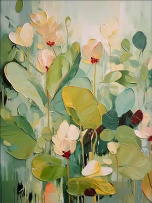 A vertical hand-painted oil painting featuring lush flowers and plants with heavy 3D impasto textures in shades of sage green, cream, and orange on a soft-toned background.