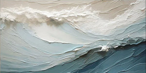 Large hand-painted abstract oil painting of crashing ocean waves with thick 3D textures in shades of blue and white, displayed in a minimalist modern living room.
