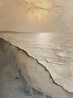 A vertical hand-painted minimalist oil painting of a beach seascape with heavy 3D plaster textures representing ocean waves in a neutral beige and sand color palette.