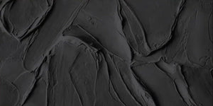 Large-scale hand-painted 3D textured oil painting in solid black with heavy impasto brushstrokes, displayed in a warm-toned minimalist modern living room.