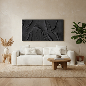 Minimalist All-Black 3D Textured Oil Painting: Abstract Impasto Art #SS053