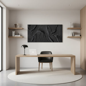Minimalist All-Black 3D Textured Oil Painting: Abstract Impasto Art #SS053