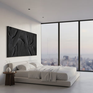 Minimalist All-Black 3D Textured Oil Painting: Abstract Impasto Art #SS053