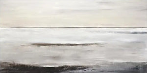 Minimalist hand-painted abstract oil painting of a sea horizon in soft grey and beige tones, styled in a modern Zen-inspired living room.