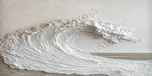 Large hand-painted 3D textured oil painting of a crashing white ocean wave in a minimalist Wabi-Sabi living room, showcasing heavy impasto details.