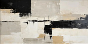 Large horizontal hand-painted abstract oil painting with 3D textured blocks of black, gold, and grey, styled above a modern white sofa in a boho-minimalist living room.