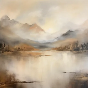 Large hand-painted abstract oil painting of misty mountains and a calm lake in earthy beige and gold tones, styled in a minimalist Wabi Sabi living room.