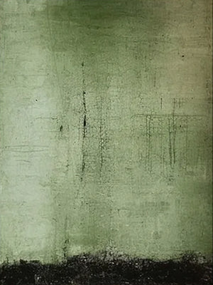 Vertical hand-painted abstract oil painting featuring distressed moss green textures and earthy tones, perfect for Wabi-Sabi style living room wall decor.