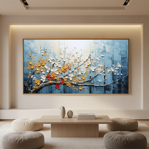 Large-scale hand-painted 3D textured tree with yellow and white blossoms on a blue abstract background, displayed in a modern minimalist zen-style room.