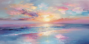 Large hand-painted impressionist oil painting of a vibrant pink and gold sunset over the ocean, hanging above a luxury gray bed in a modern master bedroom.