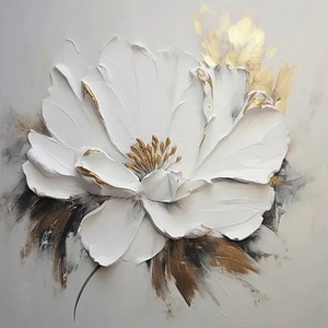A close-up of a hand-painted 3D textured white flower oil painting with thick impasto petals and gold leaf details on a minimalist gray background.