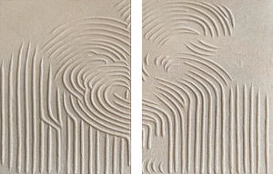 A close-up of a hand-painted 2-piece art set featuring deep 3D sand textures with concentric circles and vertical lines in a warm beige color.