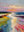 Vibrant vertical hand-painted oil painting of a sunset beach with heavy impasto texture in shades of pink, orange, and blue, displayed above a low wooden table in a minimalist room.