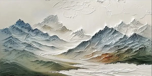 A large hand-painted 3D textured oil painting of snow-capped mountains with heavy impasto ridges in white and teal, displayed in a modern minimalist living room.
