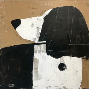 A large hand-painted abstract oil painting of a dog in black and white on a textured tan background, displayed in a minimalist modern living room setting.