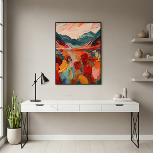 Hand-Painted Abstract Mountain Oil Painting: Vivid Sunset Landscape #SS004