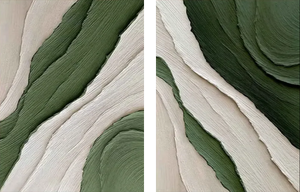 Close-up of a 2-piece hand-painted abstract oil painting set with thick forest green and beige 3D textured waves, evoking a natural landscape.