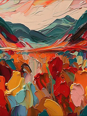 A vertical hand-painted textured oil painting featuring an abstract sunset landscape with bold red, orange, and blue impasto brushstrokes of mountains, displayed in a minimalist living room above a wooden table.