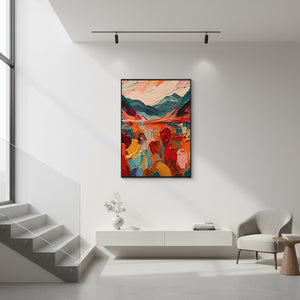 Hand-Painted Abstract Mountain Oil Painting: Vivid Sunset Landscape #SS004