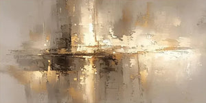 A large hand-painted abstract oil painting with shimmering gold foil layers and heavy palette knife textures in champagne and beige tones.